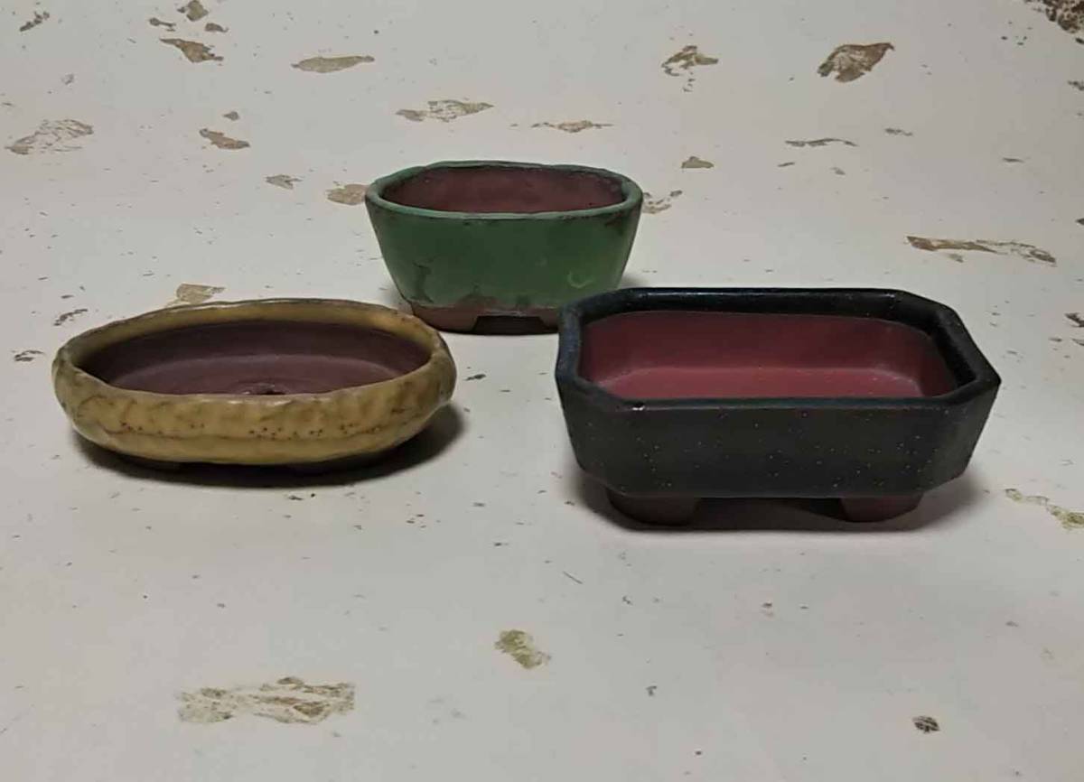 盆栽鉢 小鉢 3点セット「落款: 光 」 1970~80年代作 ※ 切立切足長方鉢・碗形切足楕円・浅鉢切足楕円拍卖