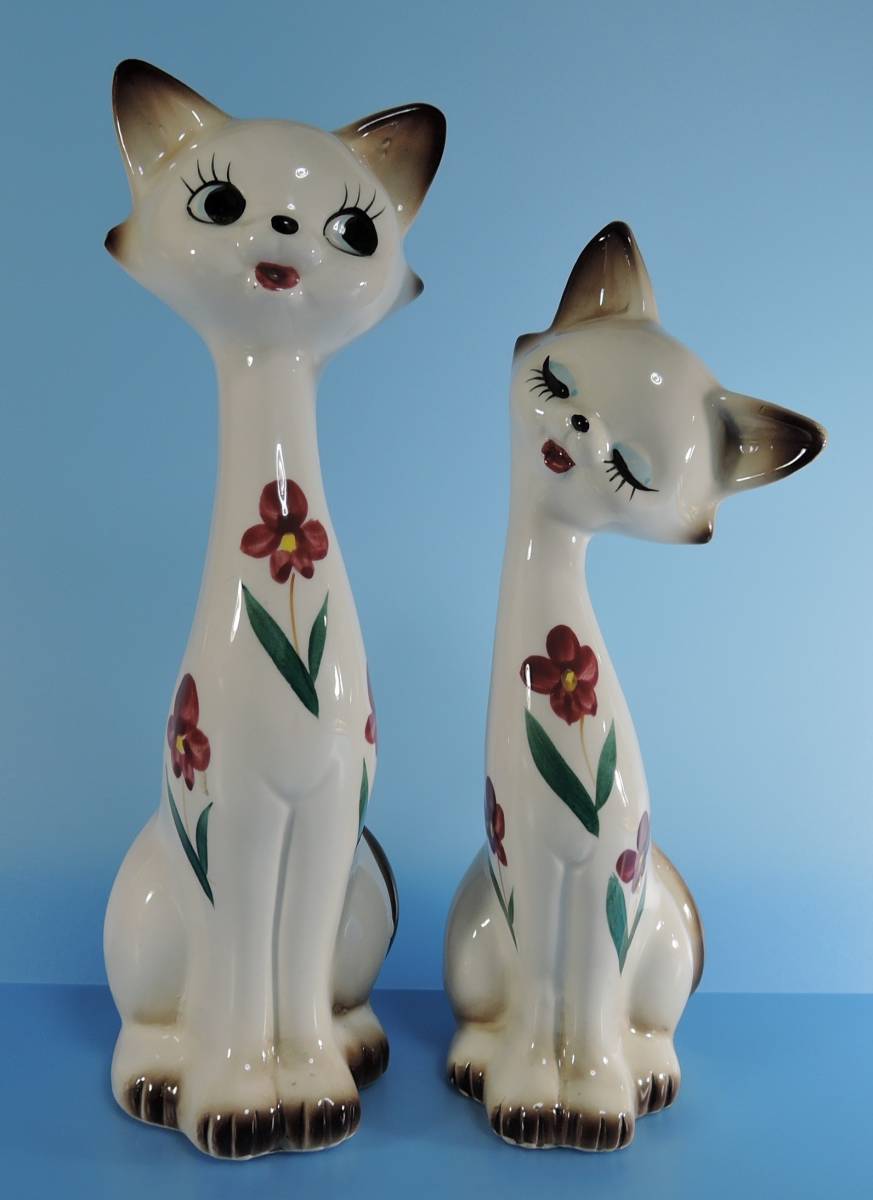 ☆09H 昭和レトロ■猫 ネコ ペア 貯金箱 陶器製■シャムネコ拍卖