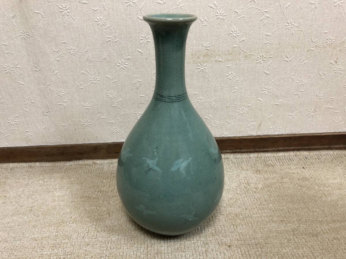 青磁★花瓶★鶴首★ ツル★花器★高麗青磁★箱入り拍卖