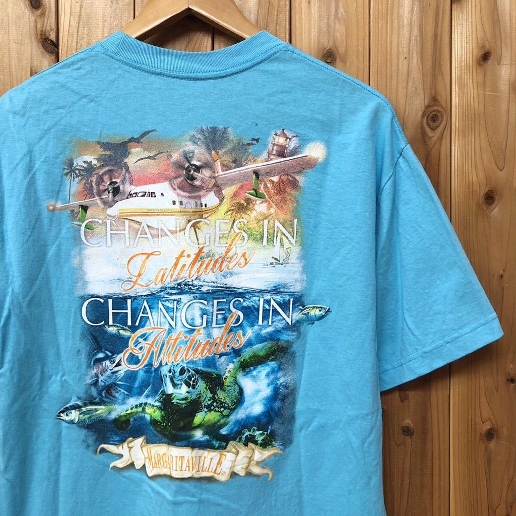 MARGARITAVILLE /メンズL /メキシコ製 半袖Tシャツ トップス 水色 バックプリント 海亀 魚 飛行機 アメカジ USA古着 B-3拍卖