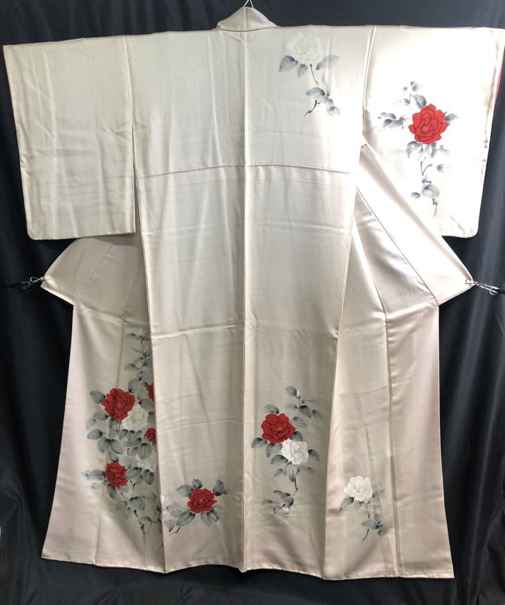 【A7127O087】付け下げ訪問着 着丈159cm 袷 ベージュ地 紅白 薔薇柄 バラ 粋 お洒落 和服 着物 和装 レディース 女性用 お茶会拍卖