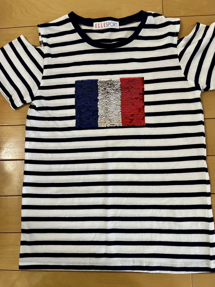 【超美品 お買い得品 着用回数僅少】ELLE キラキラスパンコール肩見せフリップボーダーTシャツ 150㎝拍卖
