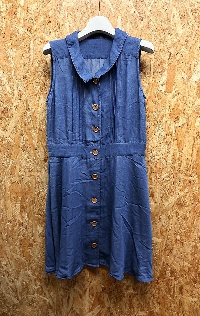 ヘザー Heather 若干薄手 シャツワンピース シャツチュニック ボタン留め 裏地無し ノースリーブ レーヨン×ポリ×綿 F ブルー レディース拍卖