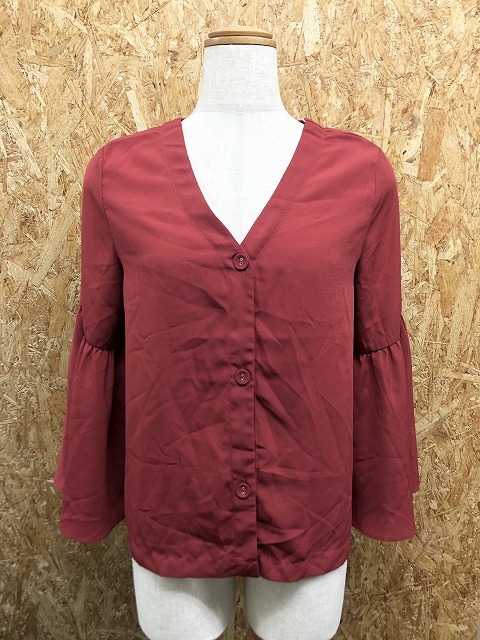 センスオブプレイス SENSE OF PLACE 薄手 Vフロントスキッパーシャツ ベルスリーブ 長袖 ポリ100% Free ボルドー・レッド 赤 レディース拍卖