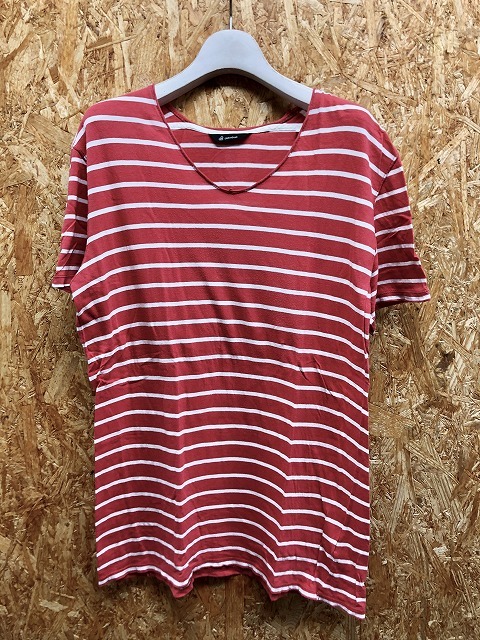 ジョンブル Johnbull 薄手 Tシャツ Uネック ボーダー柄 カットソー ボックスカット ショートスリーブ 半袖 M ピンク系×ホワイト メンズ拍卖