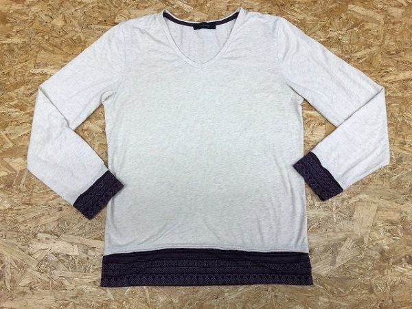 レイジブルー RAGEBLUE カットソー Vネック 一部起毛のフェアアイル柄 レイヤード風 長袖 不明 杢ホワイト×パープル レディース(?)拍卖