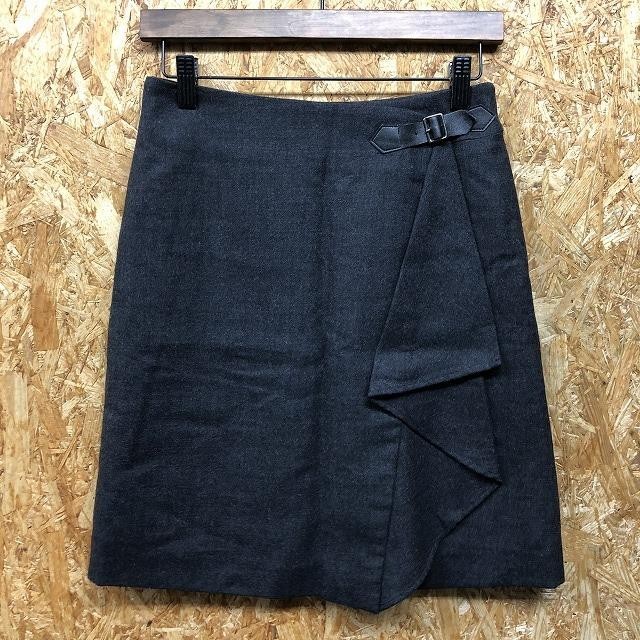 インディヴィ 【日本製】 INDIVI ラップ風 コクーンスカート 裏地付き 膝上丈 ウール100% サイズ38 チャコールグレー レディース拍卖