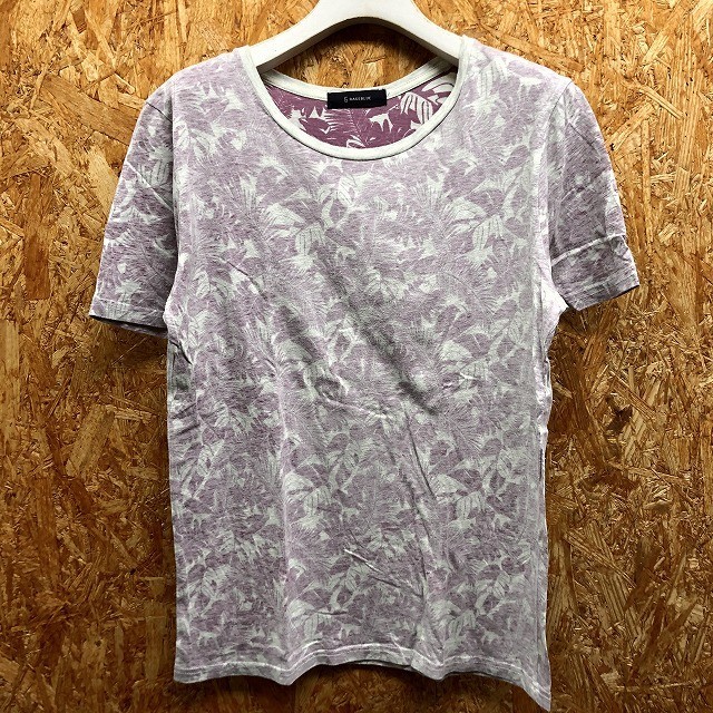 レイジブルー RAGEBLUE Tシャツ 植物柄 ボタニカル 半袖 透かし柄 綿100% M 杢グレー(オフホワイト系)×赤紫 メンズ拍卖