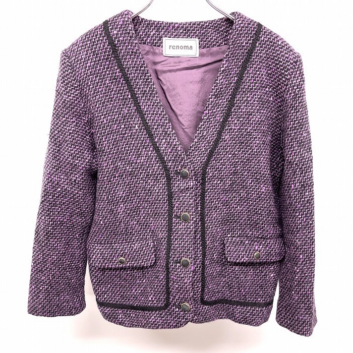 renoma Vネック起毛ジャケット 厚手の肩パッド 長袖 日本製 毛100%(裏地:キュプラ100%) 38 パープル×ブラック×ゴールド 紫 レディース拍卖