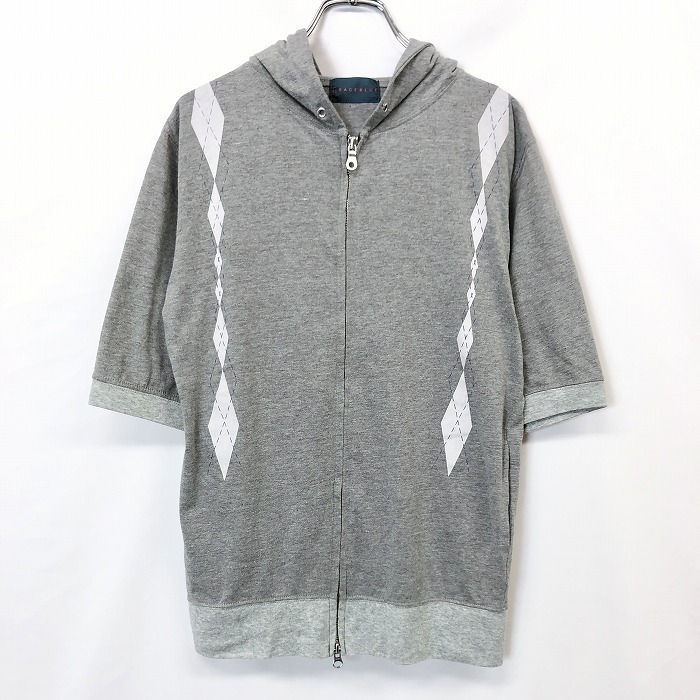 レイジブルー RAGEBLUE 薄手 ダブルジップ パーカー カットソー Tシャツ生地 アーガイル 5分袖 綿×レーヨン M ヘザーグレー 杢灰色 メンズ拍卖