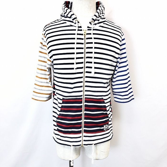 レイジブルー RAGEBLUE ジップパーカー フーディー フッディー カットソー ボーダー 5分袖 綿100% コットン M ネイビー 紺 メンズ 男性拍卖