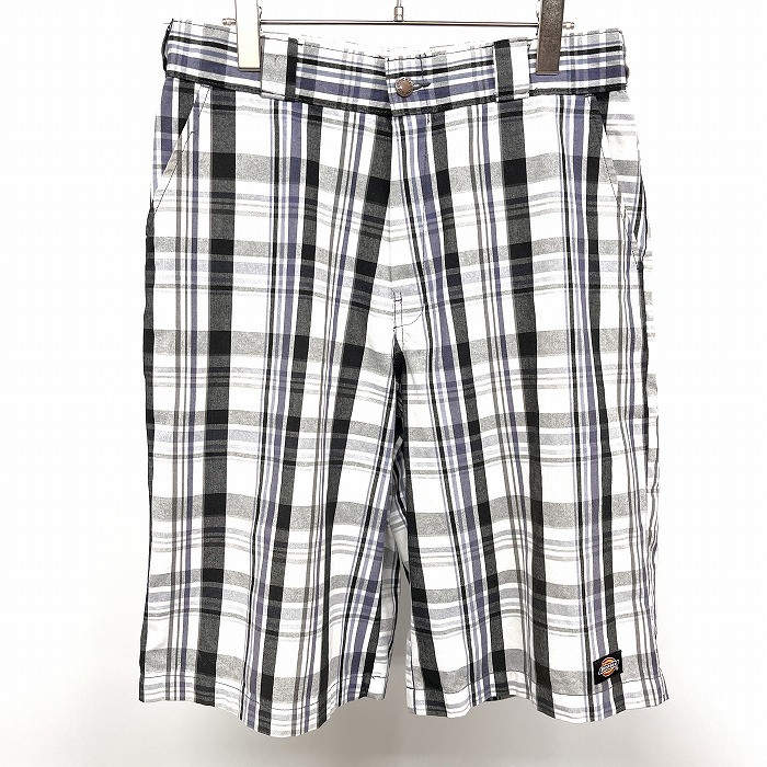 ディッキーズ Dickies テーパードショーツ ショートパンツ ハーフ チェック ジップフライ ロゴパッチ 綿×ポリ 32 紺×黒×白 メンズ 男性拍卖