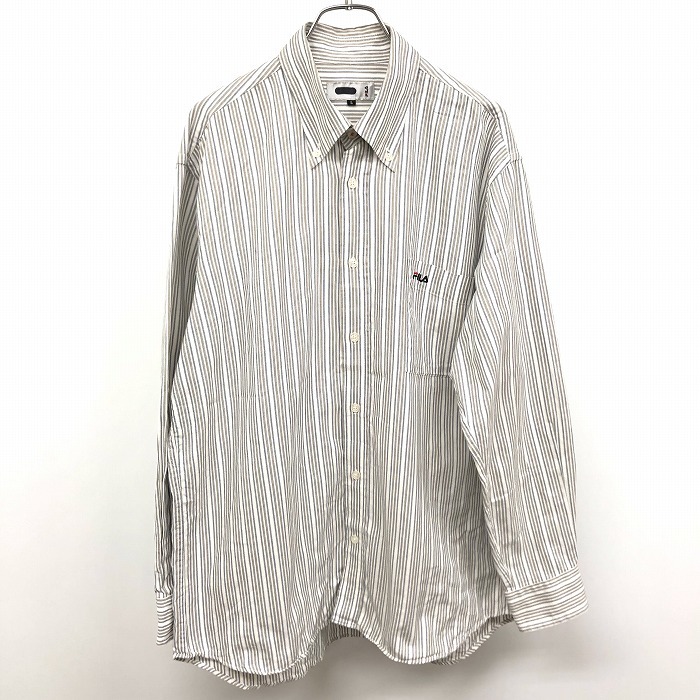 フィラ FILA シャツ ストライプ ポケットにロゴ刺繍 ボタンダウン 長袖 ロングテール 綿100% L ブラウン系×ホワイト×ネイビー メンズ拍卖