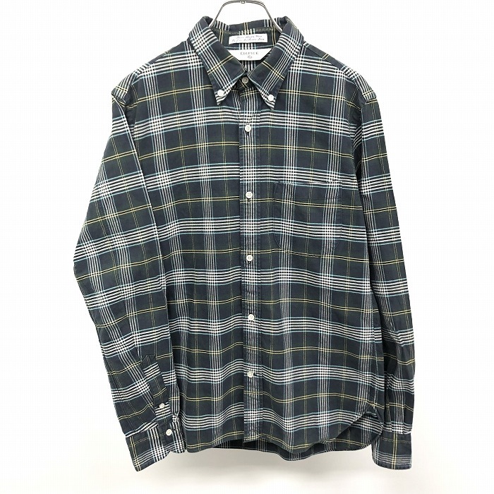 エディフィス EDIFICE シャツ チェック ボタンダウン 長袖 日本製 綿100% 40 グリーン×ネイビー×イエロー×ホワイト 緑×紺 メンズ 男性拍卖