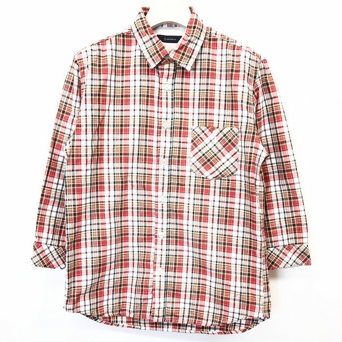 レイジブルー RAGEBLUE シャツ チェック レギュラーカラー 7分袖 胸ポケット付き ラウンドテール 綿100% コットン M レッド 赤 メンズ 男性拍卖