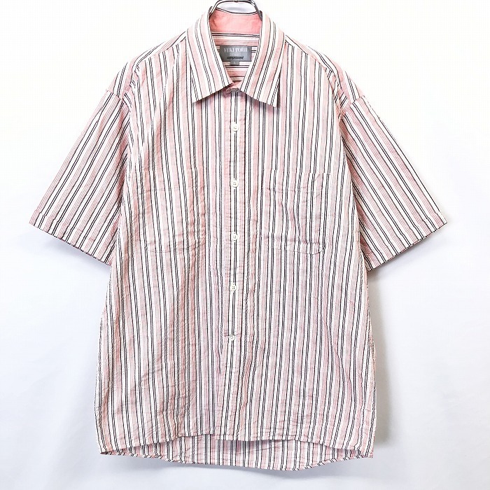 ユキトリイオム YUKI TORII HOMME クレープ シアサッカー シャツ ストライプ 半袖 綿100% L オレンジ×ピンク×紫×ベージュ×緑 メンズ拍卖