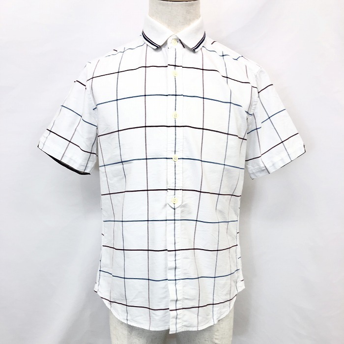 レイジブルー RAGEBLUE 半袖チェックシャツ トップス リブカラー ポケット無し ハーフフライフロント 服 綿100% ホワイト 白 メンズ拍卖