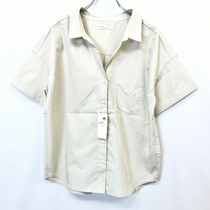 アースミュージックアンドエコロジー 【新品】earth music&ecology スキッパーシャツ 無地 半袖 レーヨン×ポリ F ベージュ レディース拍卖