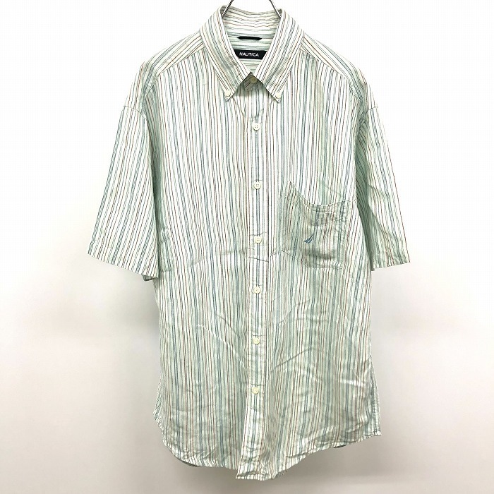 ノーティカ NAUTICA シャツ ストライプ ロゴ刺繍 ボタンダウン 半袖 ポケット 麻×テンセル M グリーン×ネイビー系×レッド系 緑系 メンズ拍卖