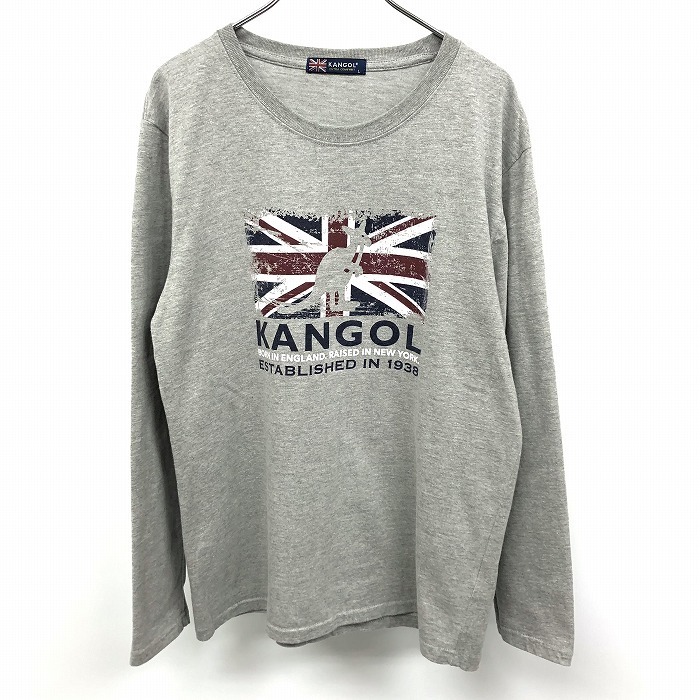 カンゴール KANGOL Tシャツ プリント カンガルー ユニオンジャック ロゴ 英字 文字 丸首 長袖 綿×ポリ L 杢グレー レディース(メンズ?)拍卖