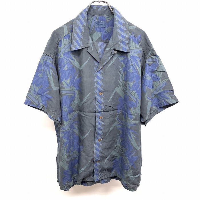アバハウス ABAHOUSE 若干薄手 アロハシャツ オープンカラー 花柄 フラワー 半袖 ボックスカット グレー×ネイビー×グリーン メンズ拍卖