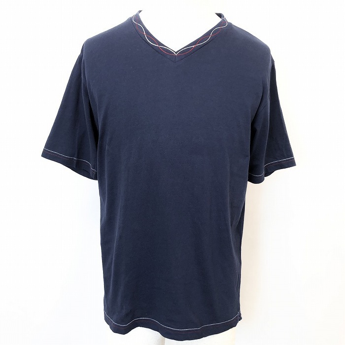 グローバルワーク GLOBAL WORK 半袖Tシャツ カットソー 襟ぐりに波ステッチデザイン Vネック 服 綿100% M ネイビー 紺×赤×白 メンズ 男性拍卖
