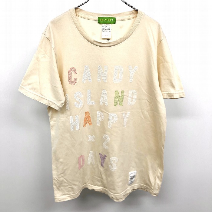 ビームスT ビームスティー BEAMS T Tシャツ 英字プリント 『CANDY ISLAND HAPPY ×2 DAYS』 半袖 綿100% L イエローベージュ系 メンズ 男性拍卖