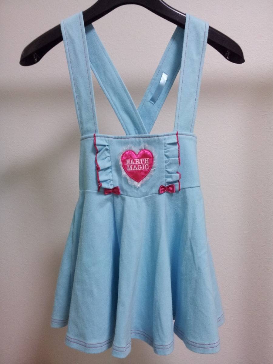 良品中古★EARTHMAGIC アースマジック★ミニスカートサロペット フレアスカート ジャンパースカート ジャンスカ 水色 EMC 120cm リボン大★拍卖