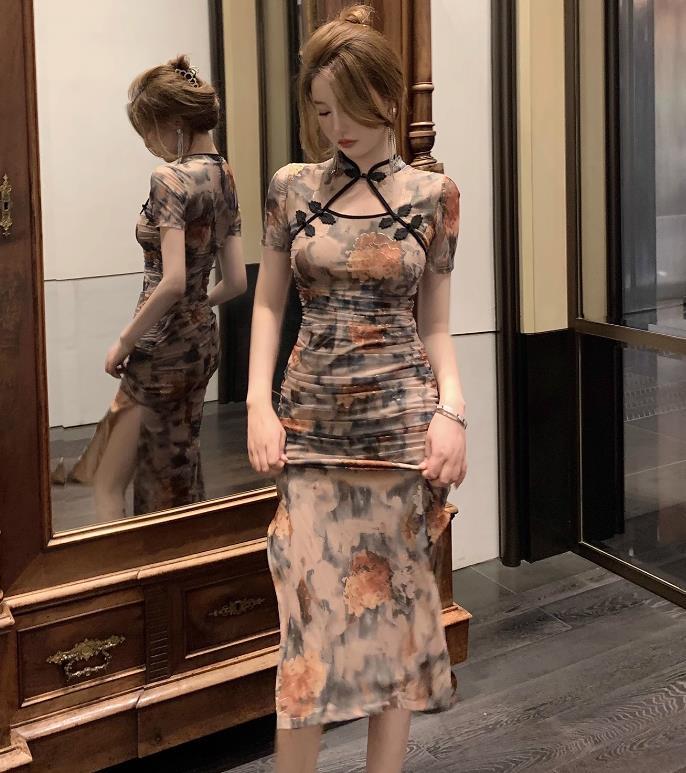 花柄 ドレス レディース チャイナ風 ワンピース オシャレ 半袖 夏 膝丈 タイトスカート x394拍卖