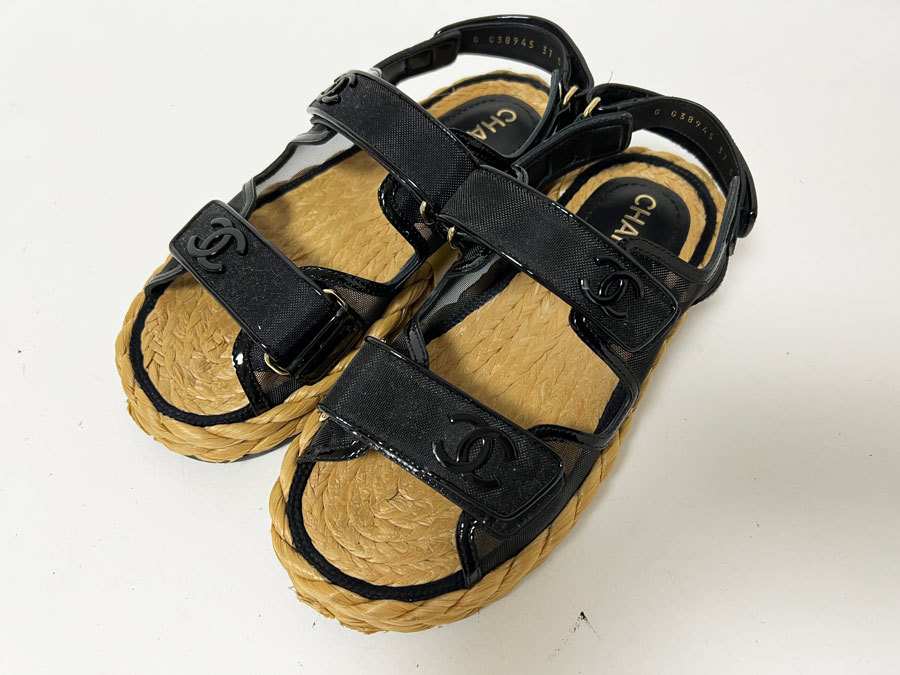 CHANEL シャネル レディース サンダル 靴 シューズ メッシュ パテント カーフスキン ブラック 22P 37 G38945 Y55799 94305拍卖