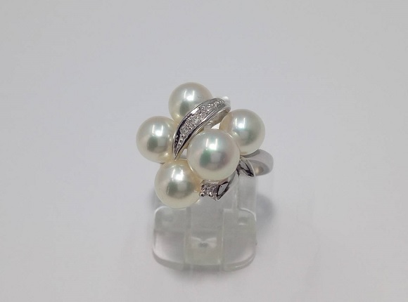 Pt900 プラチナ 6.6g アコヤ真珠 6.0~7.0mm (5個) ダイヤ 0.04ct リング 11号拍卖
