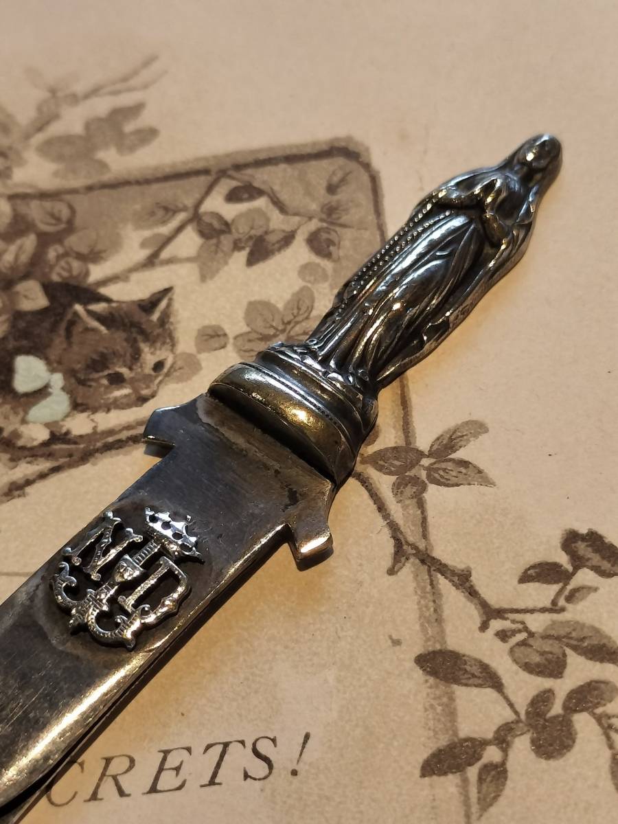 フランス アンティーク レターオープナー ペーパーナイフ ルルドの泉 エンボスにモノグラム シルバー!拍卖