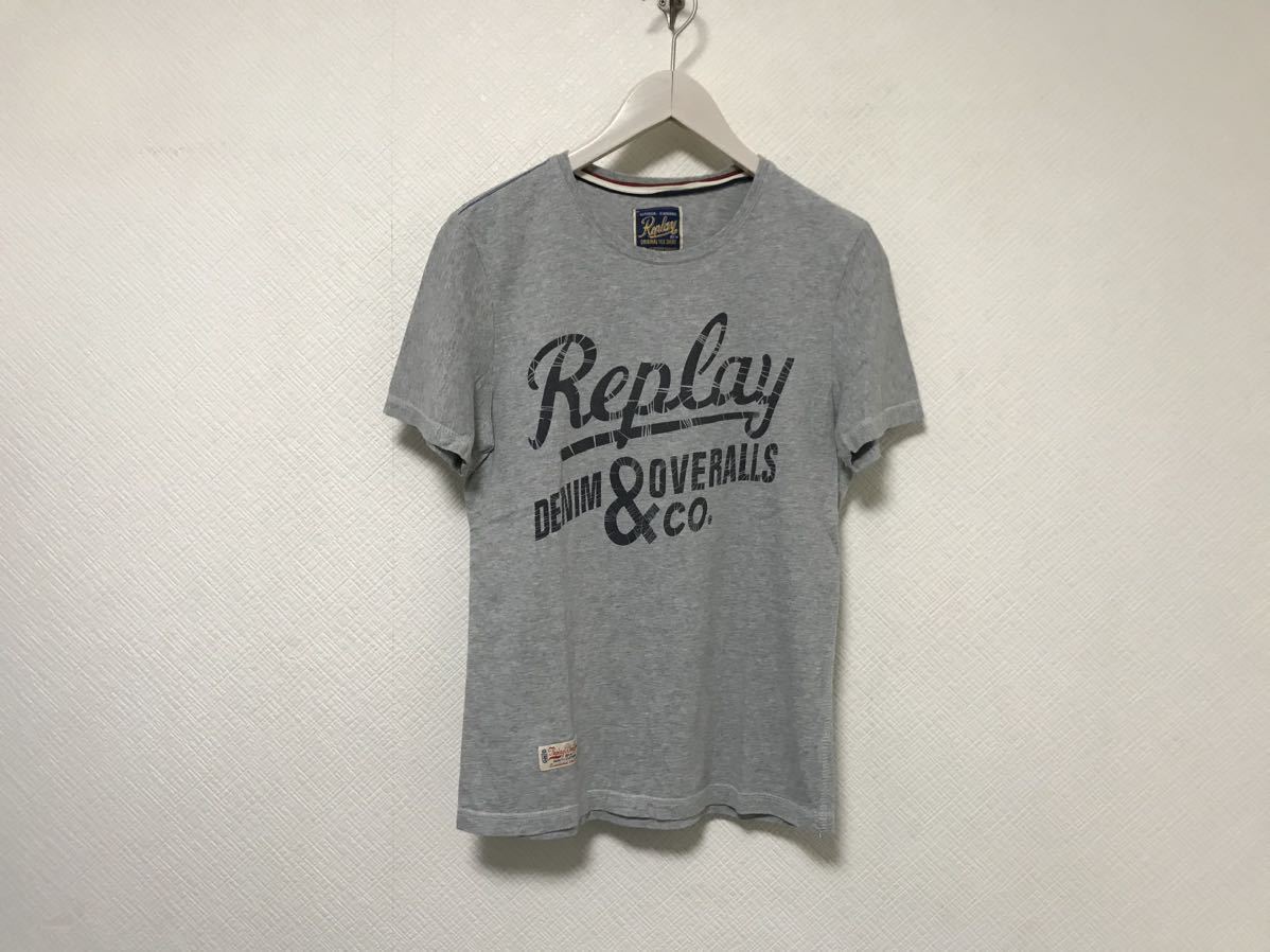 本物リプレイREPLAYコットンプリント半袖TシャツメンズアメカジサーフミリタリービジネススーツグレーSストリートスケーター拍卖