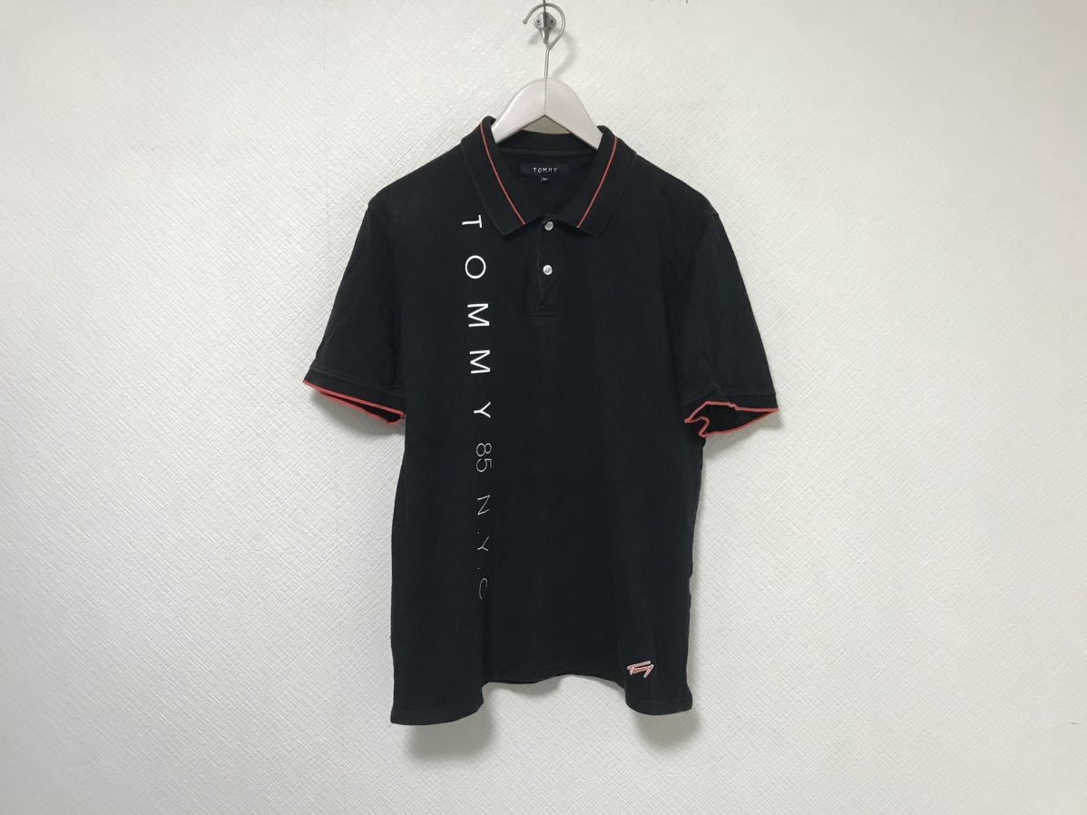 本物トミーTOMMYコットンプリント半袖ポロシャツメンズサーフアメカジミリタリービジネススーツゴルフ黒ブラックXL拍卖