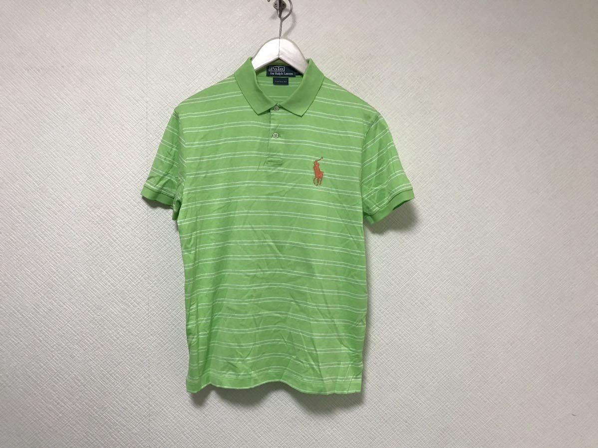 本物ポロラルフローレンPOLORALPH LAURENコットンビックポニーボーダー柄半袖ポロシャツメンズサーフアメカジゴルフ緑グリーンペルー製S拍卖