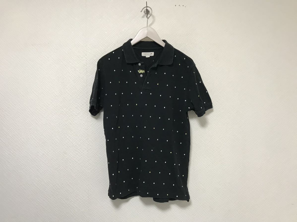 本物トミーTOMMYコットン水玉刺繍半袖ポロシャツメンズサーフアメカジミリタリーゴルフスポーツ黒ブラックM拍卖