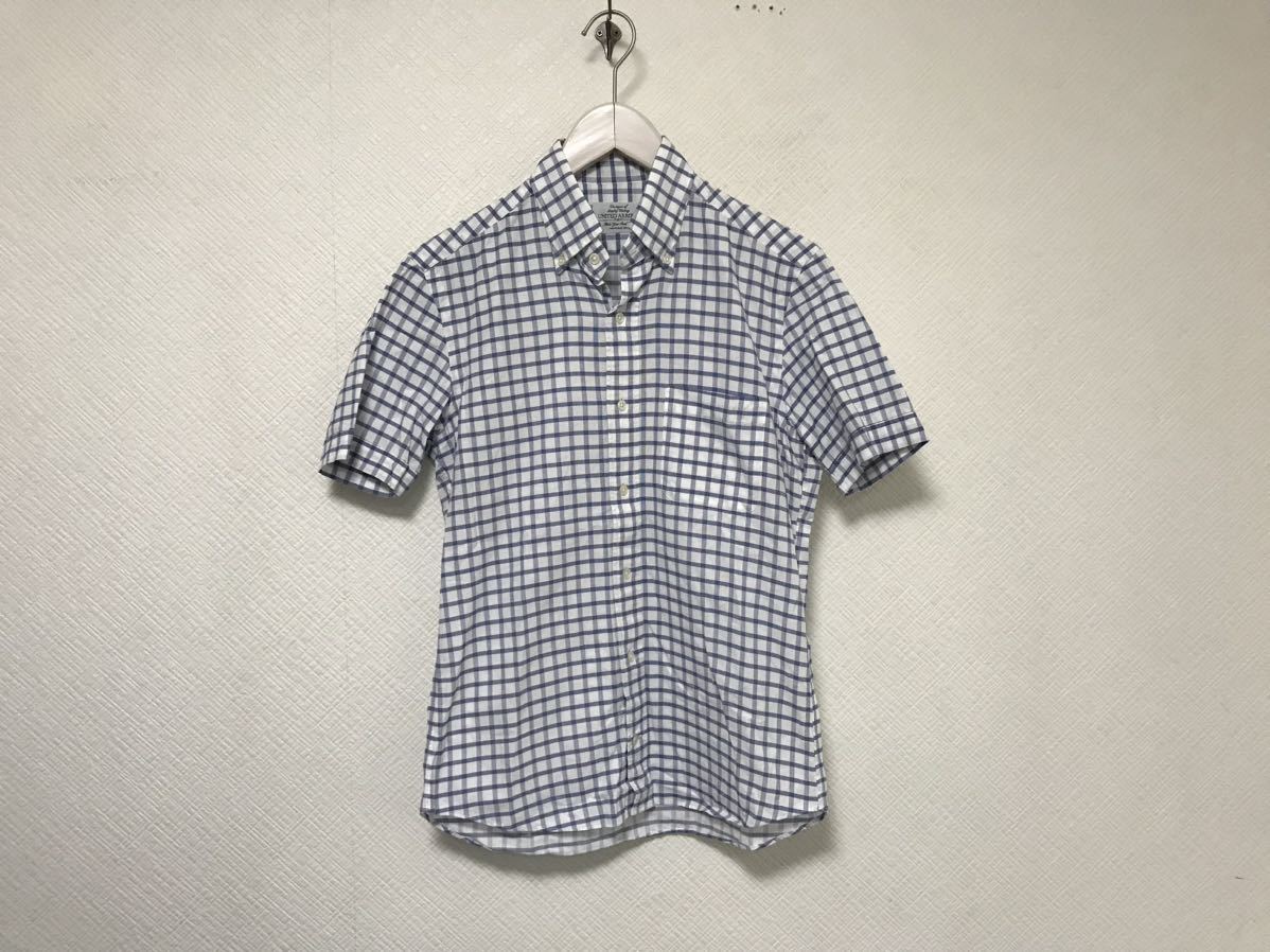 美品本物ユナイテッドアローズUNITEDARROWSコットンチェック柄半袖シャツメンズサーフアメカジミリタリービジネススーツ青白ブルーS拍卖