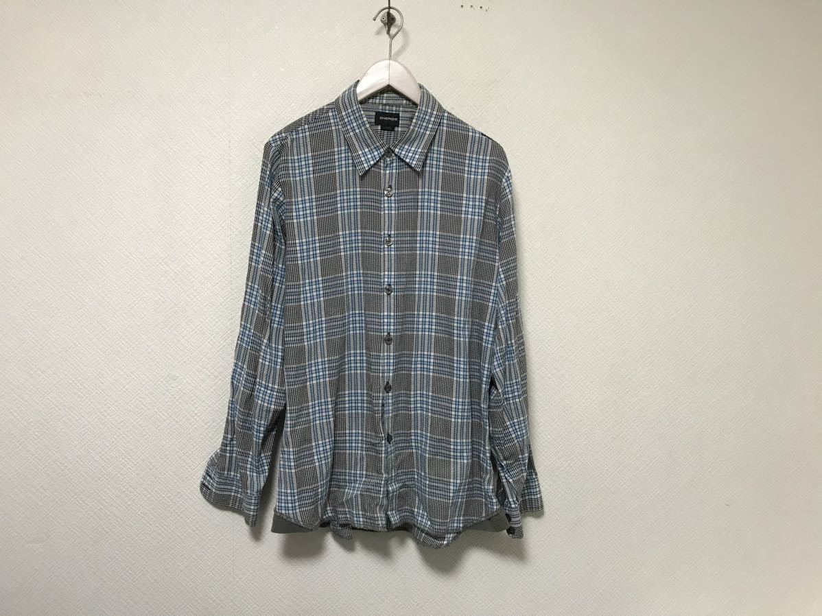 本物エナジーENERGIEコットンチェック柄バックプリント長袖シャツサーフアメカジミリタリーワークビジネススーツメンズ青黒白L拍卖