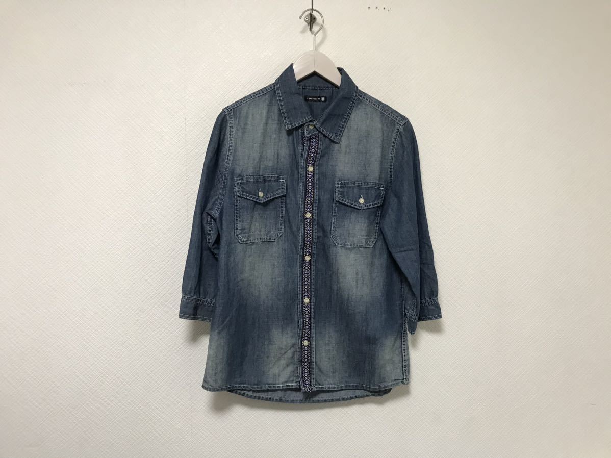 美品本物ニーキューイチニキューゴーオム291295=HOMMEコットン7分袖デニム長袖シャツサーフアメカジミリタリービジネススーツメンズL青48拍卖
