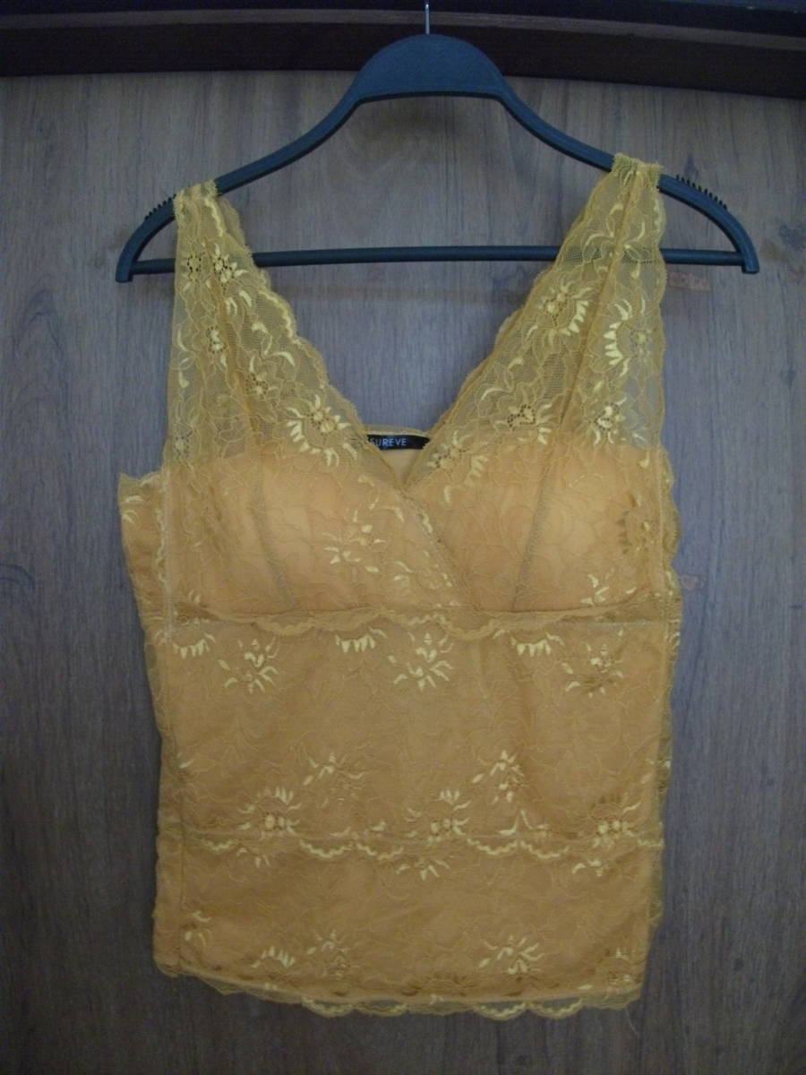 新品未使用 カップ付き 総レース Vネックタンクトップ 色:山吹色 サイズ:L拍卖