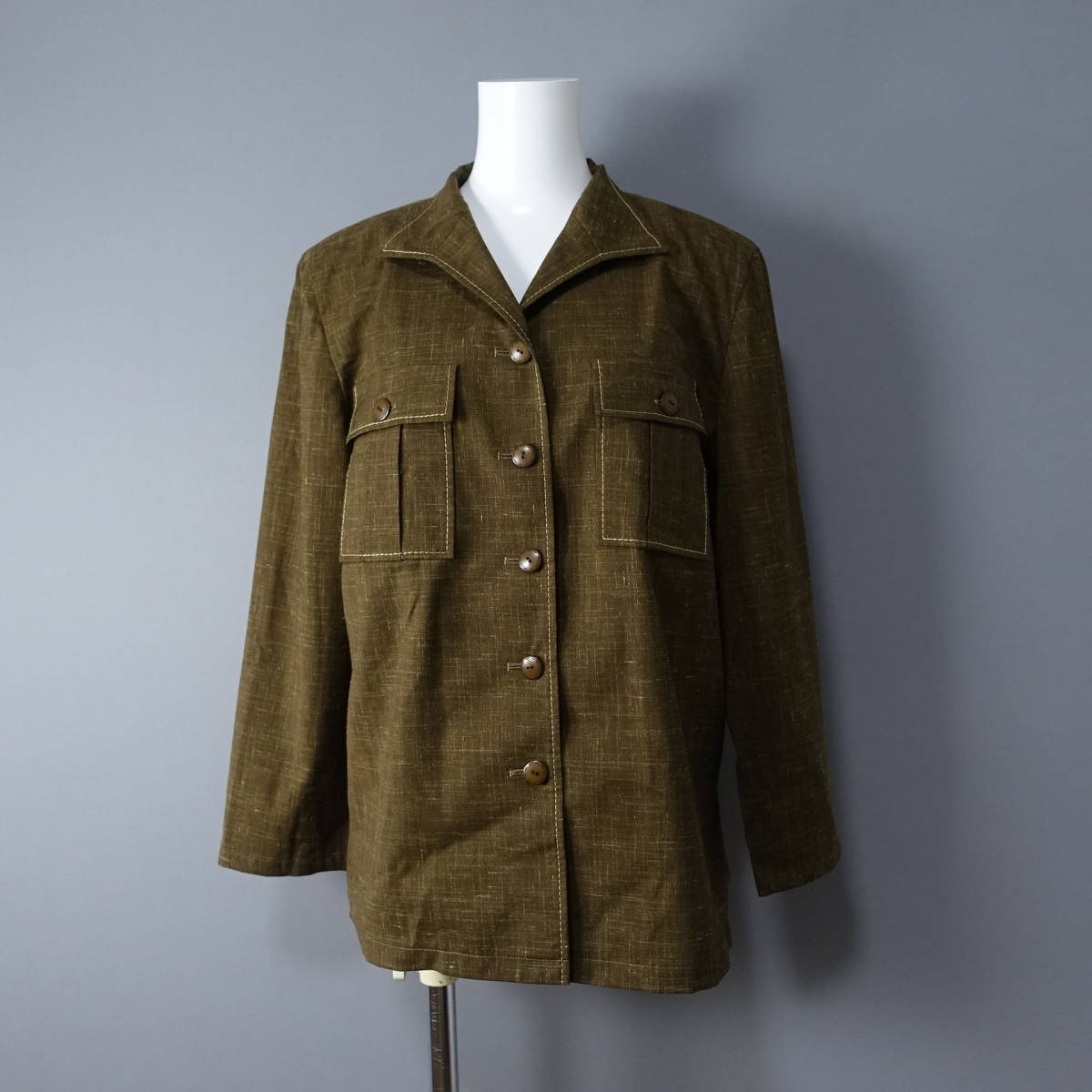 美品*Leilian/レリアン/13/日本製/肩パッド付き/ウール/リネン/シャツ/カーキ/レディース/ジャケット/ブラウス/長袖拍卖