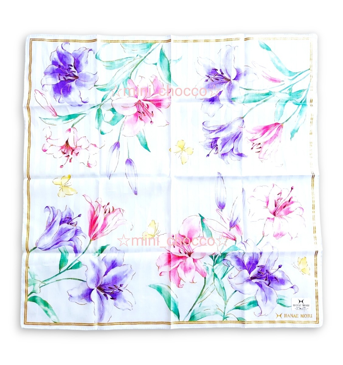 ☆HANAE MORI 大判 花柄 ハンカチ☆送料230円☆日本製 綿100%☆川辺 可愛い ハンカチーフ ゆり コットン ピンク パープル 新品未使用拍卖