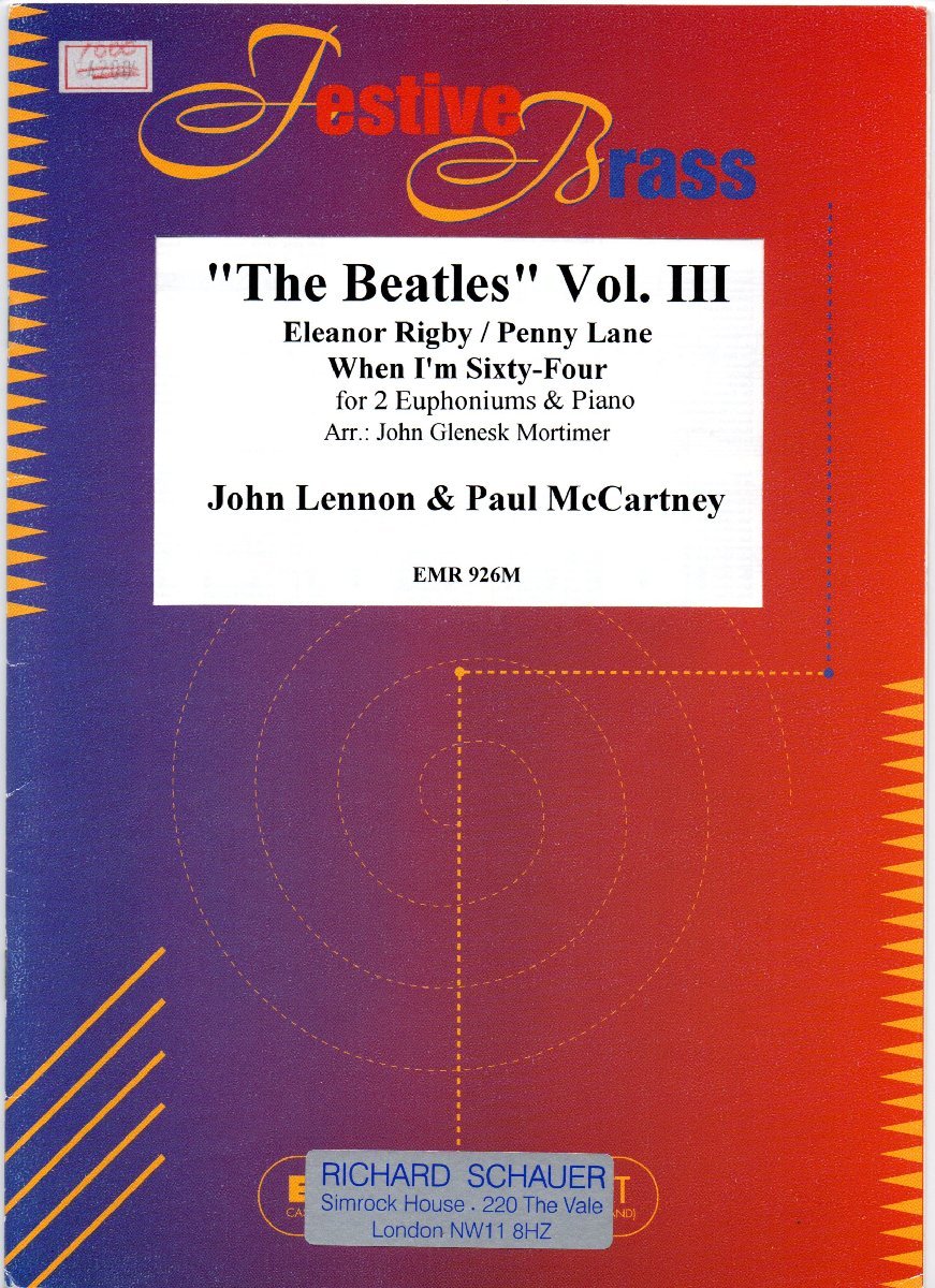 送料無料 ユーフォニアム楽譜 ザ・ビートルズ Vol.3 2ユーフォニアム&ピアノ エリナー・リグビー ペニー・レイン When I'm Sixty-Four拍卖