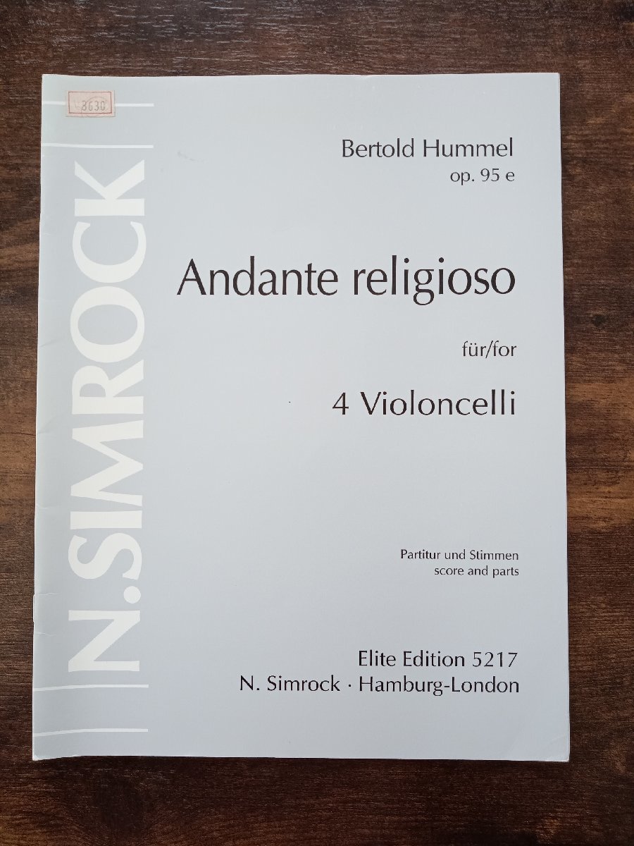 送料無料 チェロ4重奏楽譜 B.フンメル:アンダンテ・レリジオーソ 作品95e 4本のチェロのための 四重奏拍卖