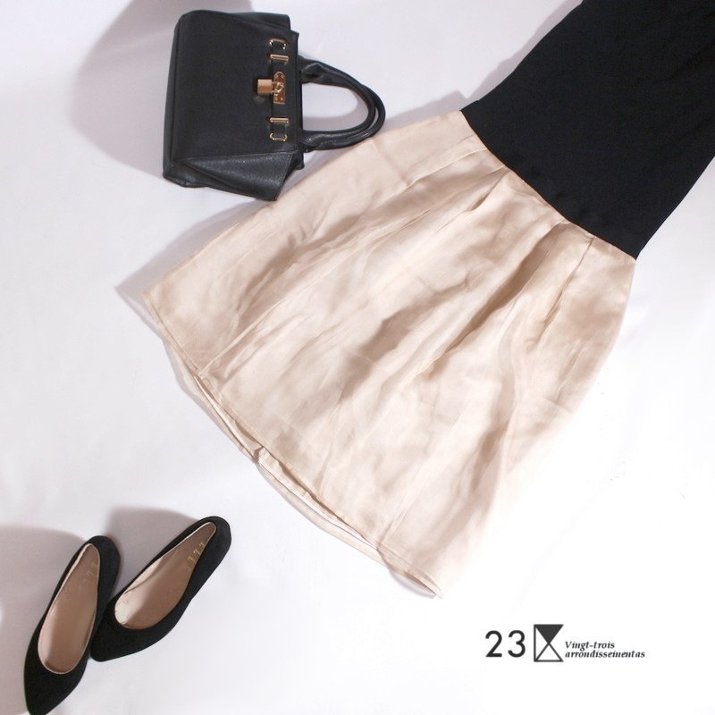 美品 23区 株) オンワード樫山 透 膝下丈 オーガンジー ふんわり ナチュラル シルク チュチュスカート フレアスカート 38 9号 ベージュ拍卖