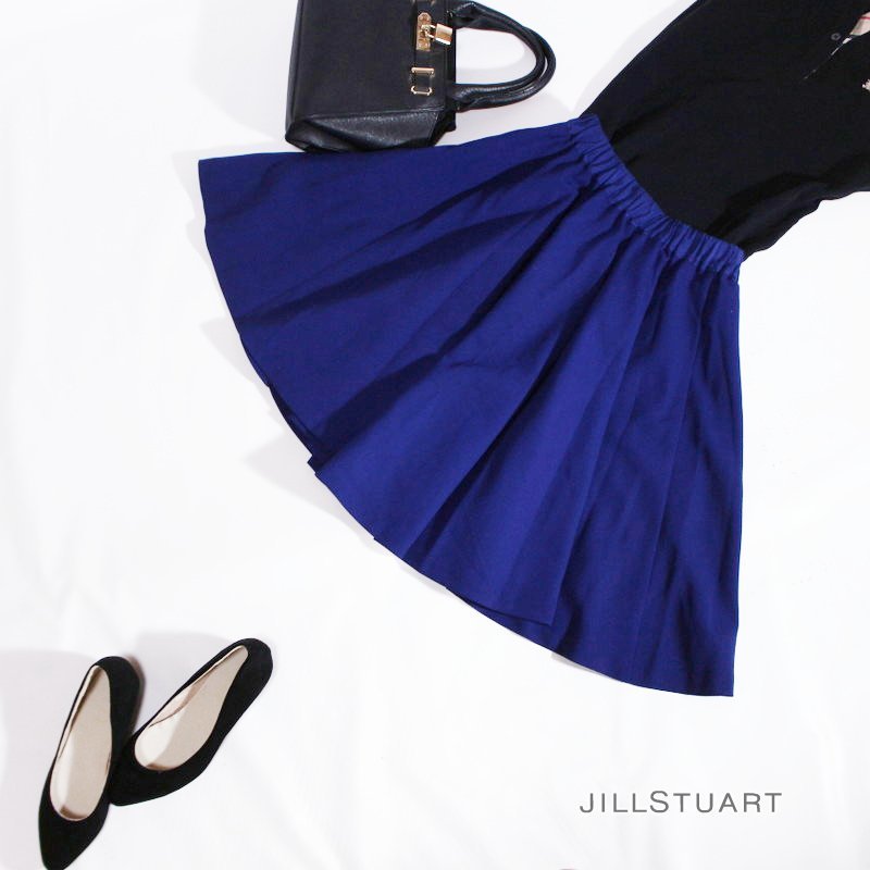 美品 ジルスチュアート JILLSTUART ■ きれい色 ポリエステル ジャージ― フレアスカート 0 ネイビー 紺 ブルー 青 オールシーズン 膝丈拍卖