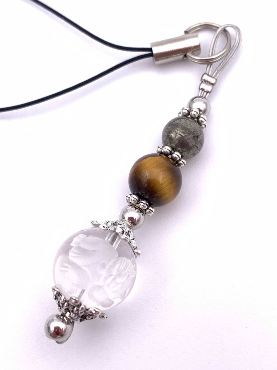 天然石彫り水晶☆招き猫&タイガーアイ&パイライトのストラップ拍卖