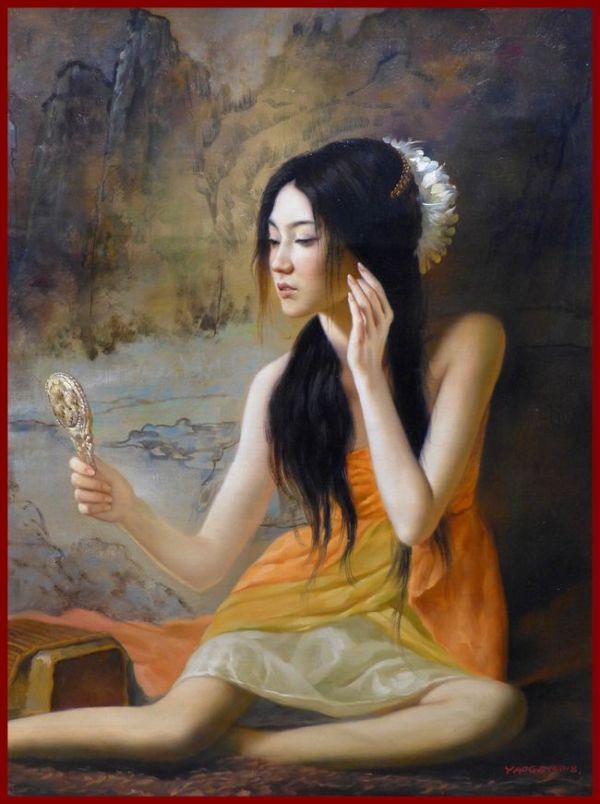 ☆☆☆油彩画 秘めたる女の思い 「手鏡」 CQ拍卖