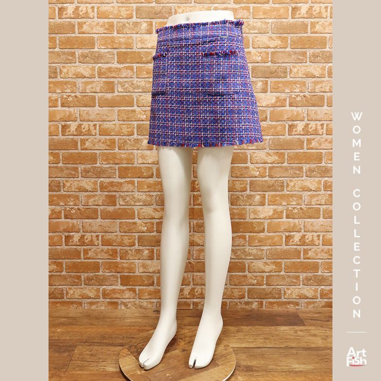 ★LIU・JO リュージョー〓ツイード フリンジ 台形スカート イタリア製〓IT42サイズ 新品 青拍卖