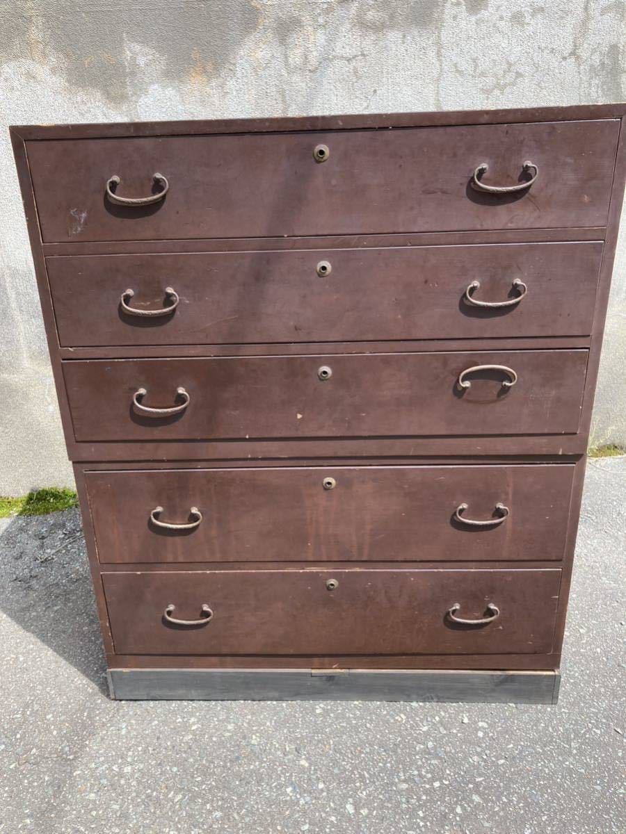 時代物 大正昭和レトロ 時代庄内箪笥 鉄飾金具 和鉄 タンス 収納 古い箪笥 引出し5杯 和箪笥古家具 *S506拍卖